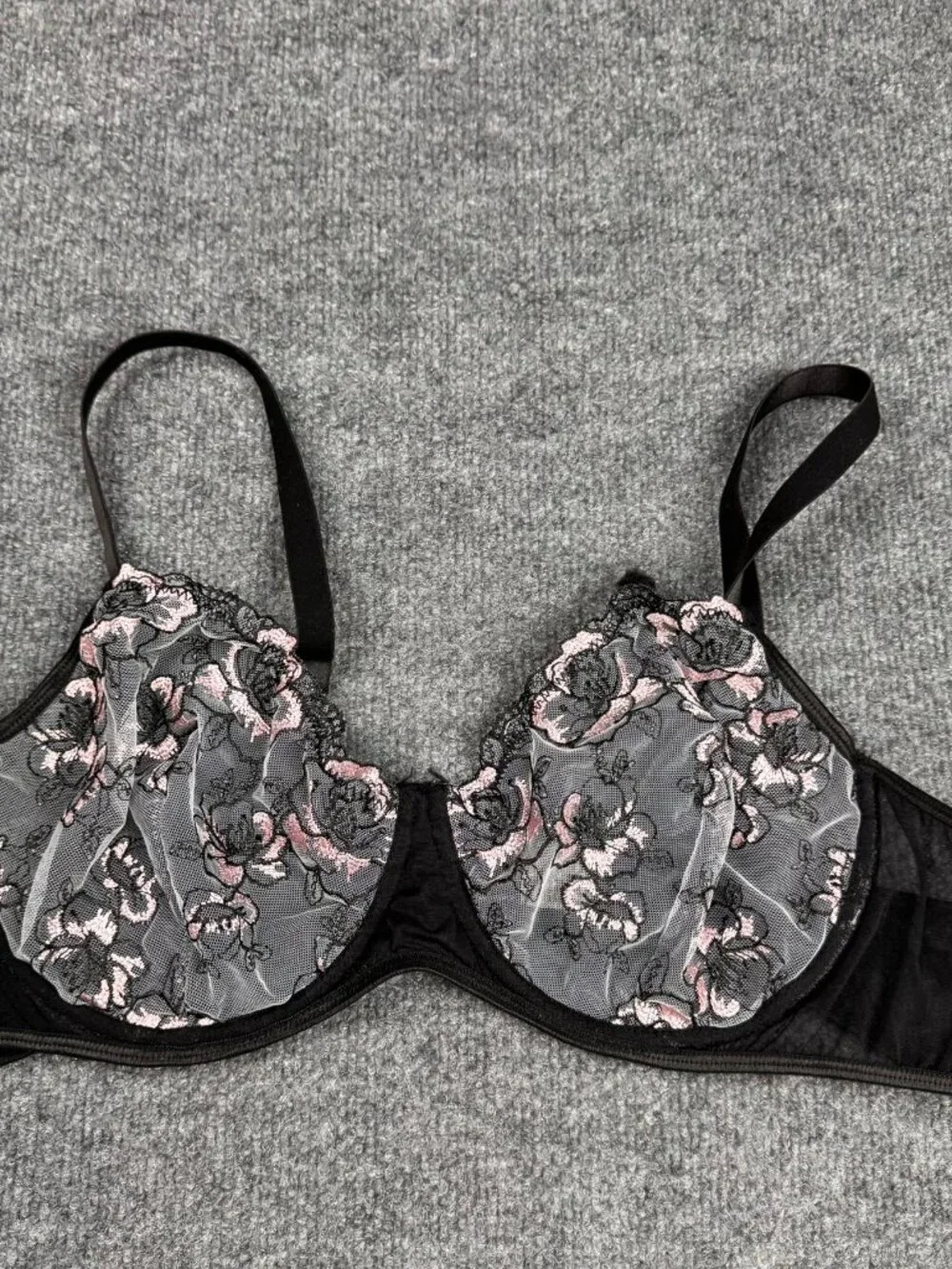 Women's Black & Pink Rose Floral Embroidered Sheer Mesh Underwire Bra Size 4XL
